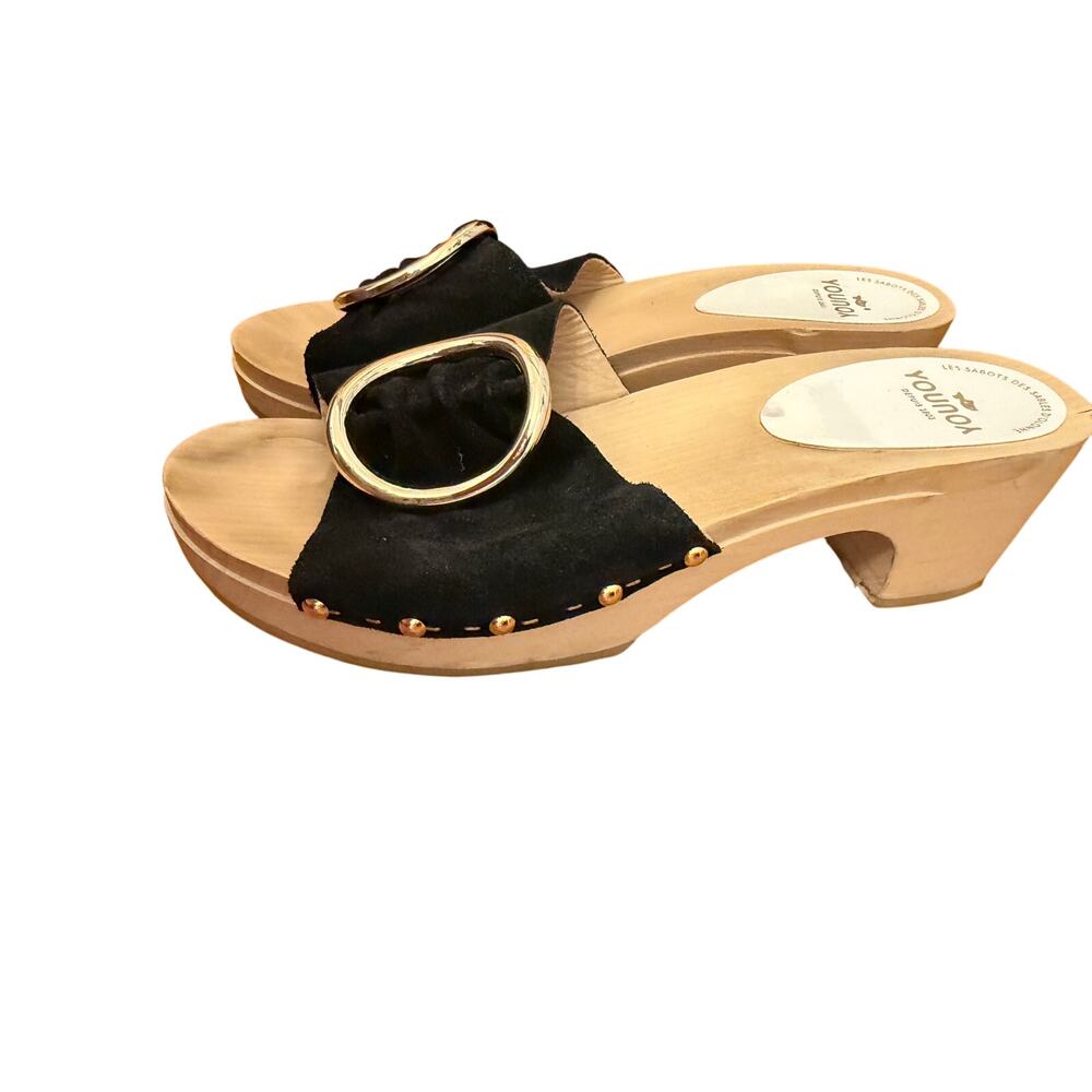 YouYou Depuis 1803 YNOUI Black Suede Gold Buckle Clog EU38 Handcrafted Wood Sole